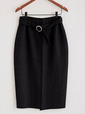 Wallis Black Linen Blend Pencil Skirt UK 12 US 8 Tie Waist Midi Classic Chic
